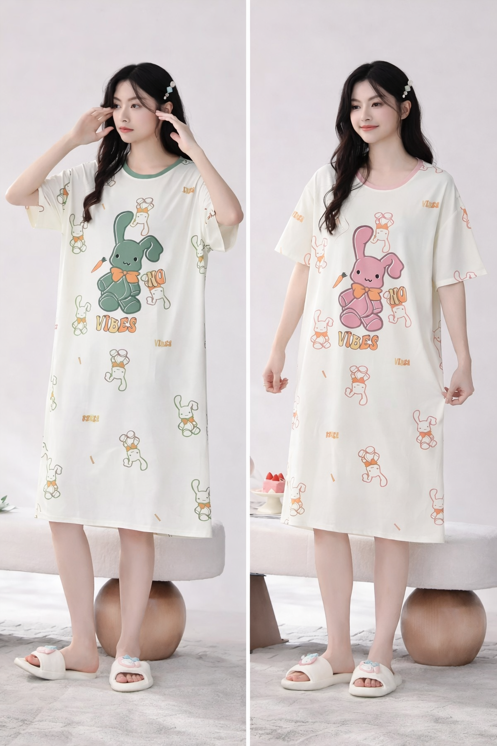 Imported Korean Bunny Print Nighty for Women – Pack of 12 | Free Size M-XL | Wholesale Nightwear India