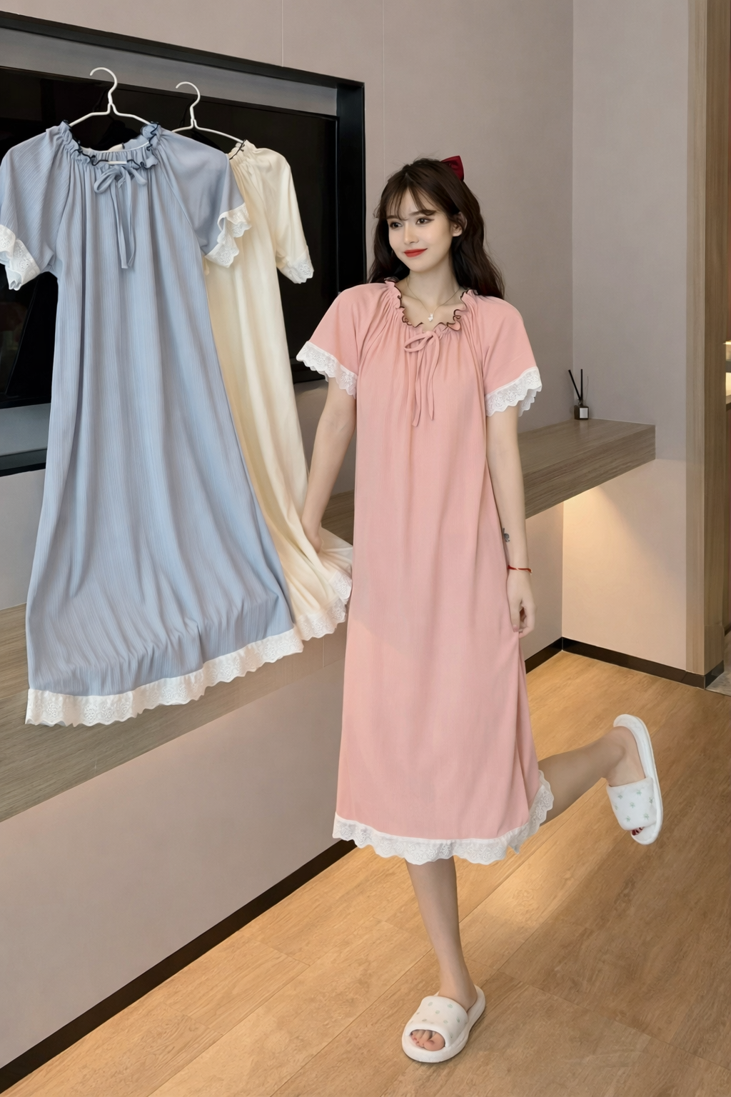 Imported Korean Lace Trim Nighty for Women – Pack of 12 | Free Size M-XL | Wholesale Nightwear India