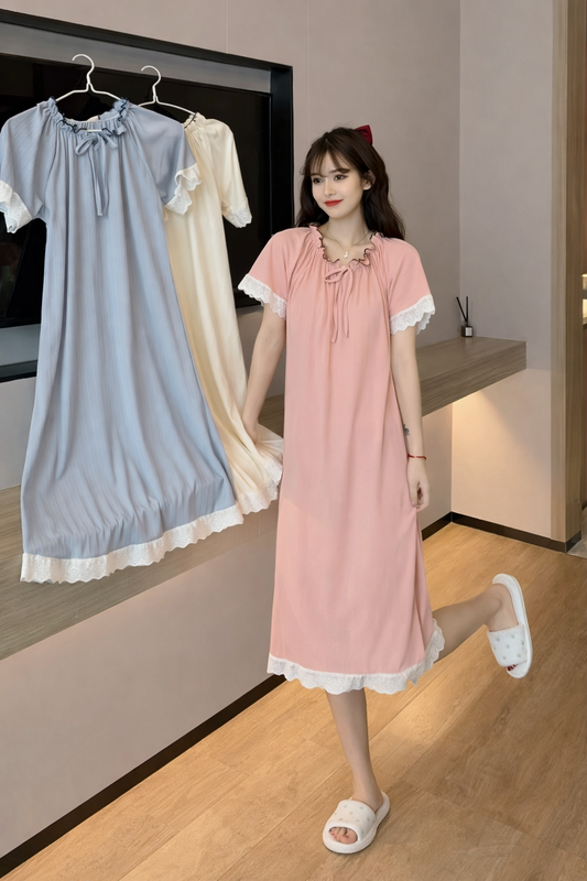 Imported Korean Lace Trim Nighty for Women – Pack of 12 | Free Size M-XL | Wholesale Nightwear India