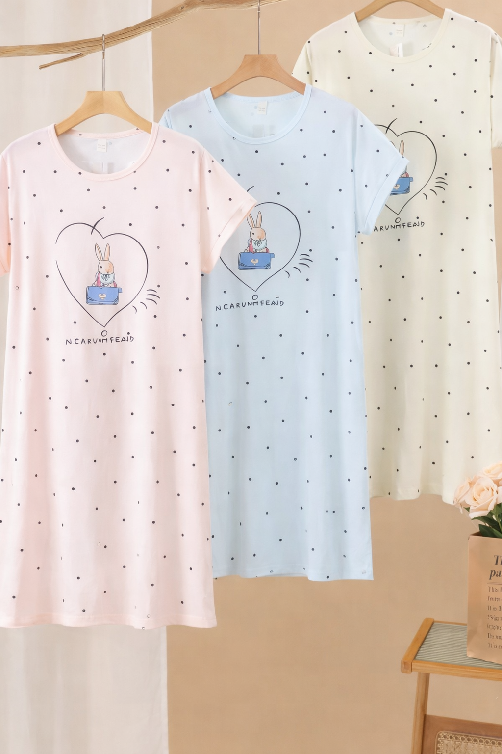 Imported Korean Polka Dot Nighty for Women – Pack of 12 | Free Size M-XL | Wholesale Nightwear India