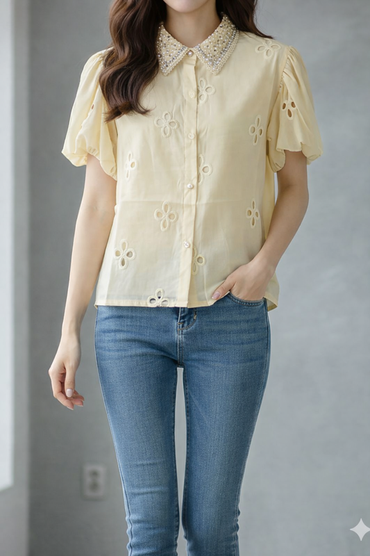 Imported Korean Embroidered Blouse for Women | Pearl Collar Puff Sleeve Top | Wholesale Western Wear Supplier India – Zadine Fashion