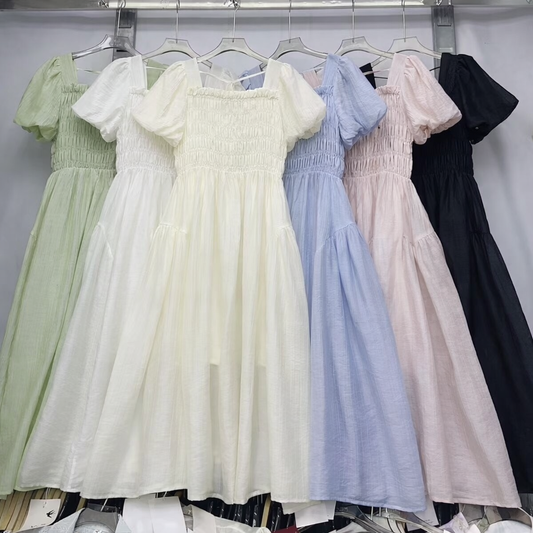 Imported Korean Smocked Gown Wholesale | Off-Shoulder Puff Sleeve Dress Supplier India