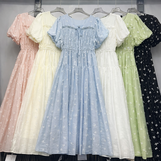 Imported Korean Embroidered Long Dress Wholesale | Puff Sleeve Tiered Gown Supplier India