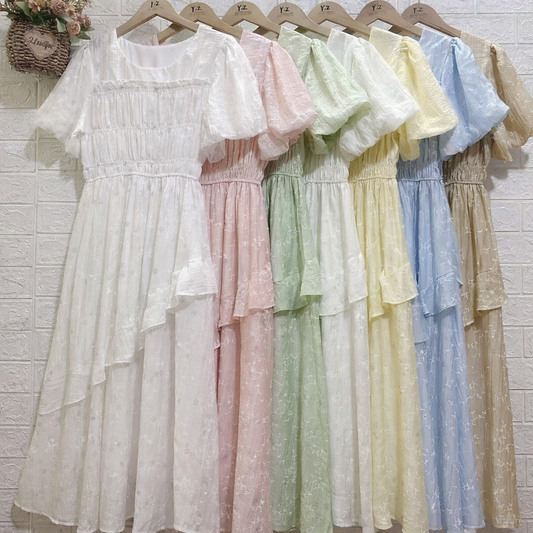 Imported Korean Layered Gown Wholesale | Puff Sleeve Smocked Long Dress Supplier India