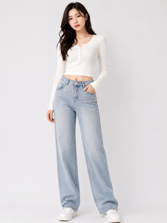 High-Waist Pearl & Rhinestone Bow Denim Jeans - Korean Wholesale Supplier India