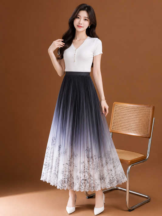 Gradient Ombré Pleated Maxi Skirt - Korean Wholesale Supplier India