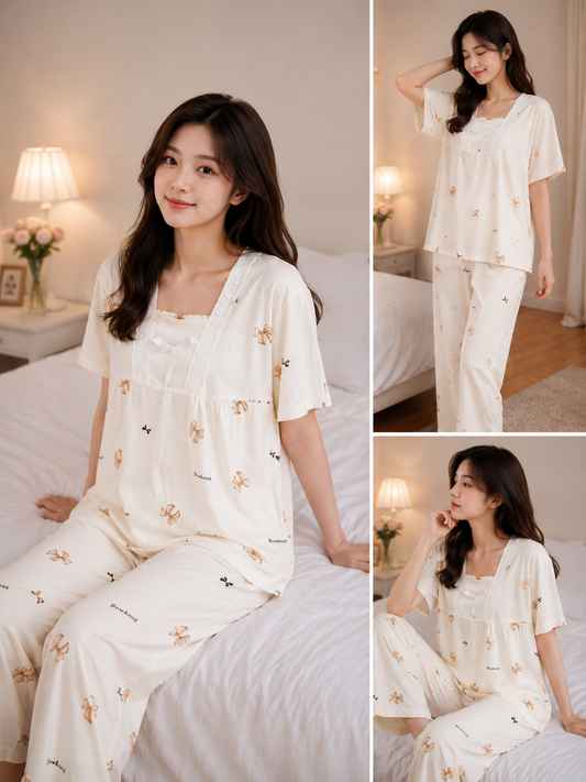 Imported Women's Bow Print Night Suit Set Wholesale | Lace V-Neck Korean Sleepwear Pajama Set