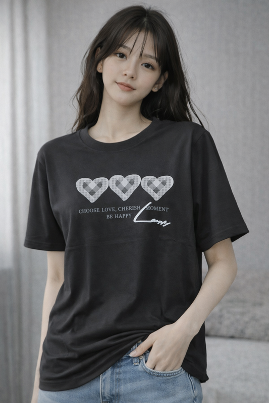 Heart Print Graphic T-Shirt for Women Wholesale | Korean Oversized Cotton Cute Quote Tee | Trendy Girls Tops Supplier India