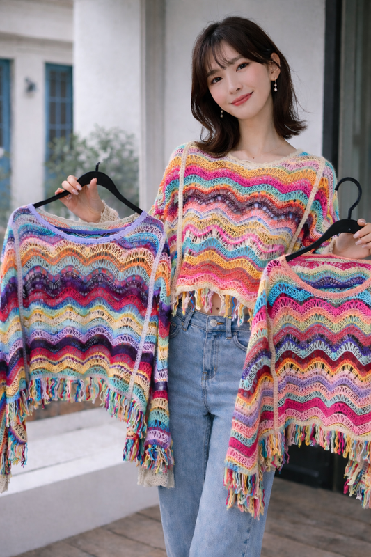 Korean Rainbow Crochet Sweater for Women Wholesale | Multicolor Boho Knit Crop Top | Trendy Ladies Winter Wear Supplier India