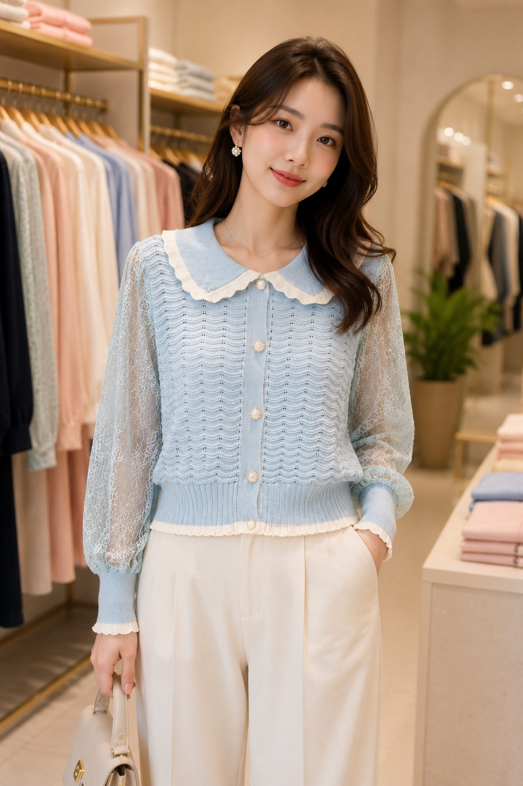 Contrast Collar Lace Sleeve Top - Korean Imported Clothing in India