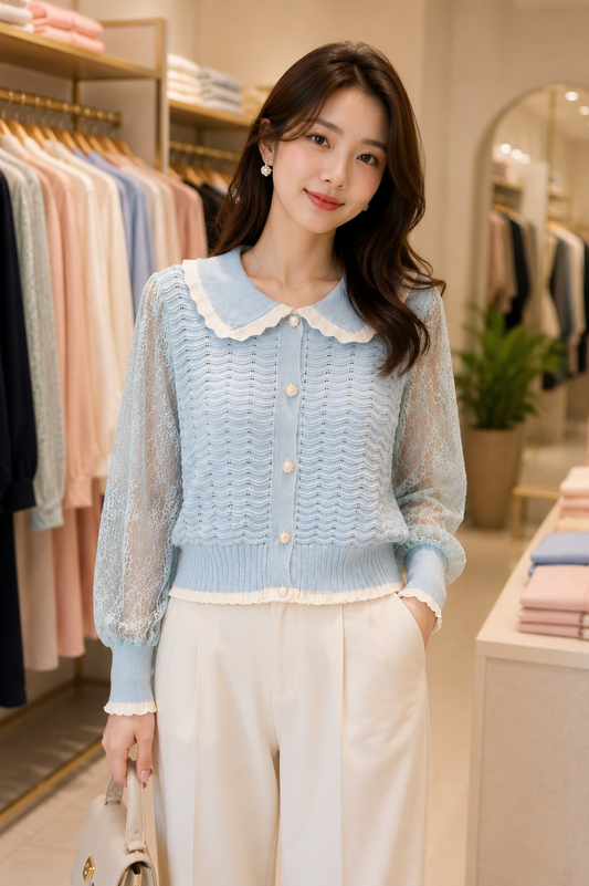 Contrast Collar Lace Sleeve Top - Korean Imported Clothing in India
