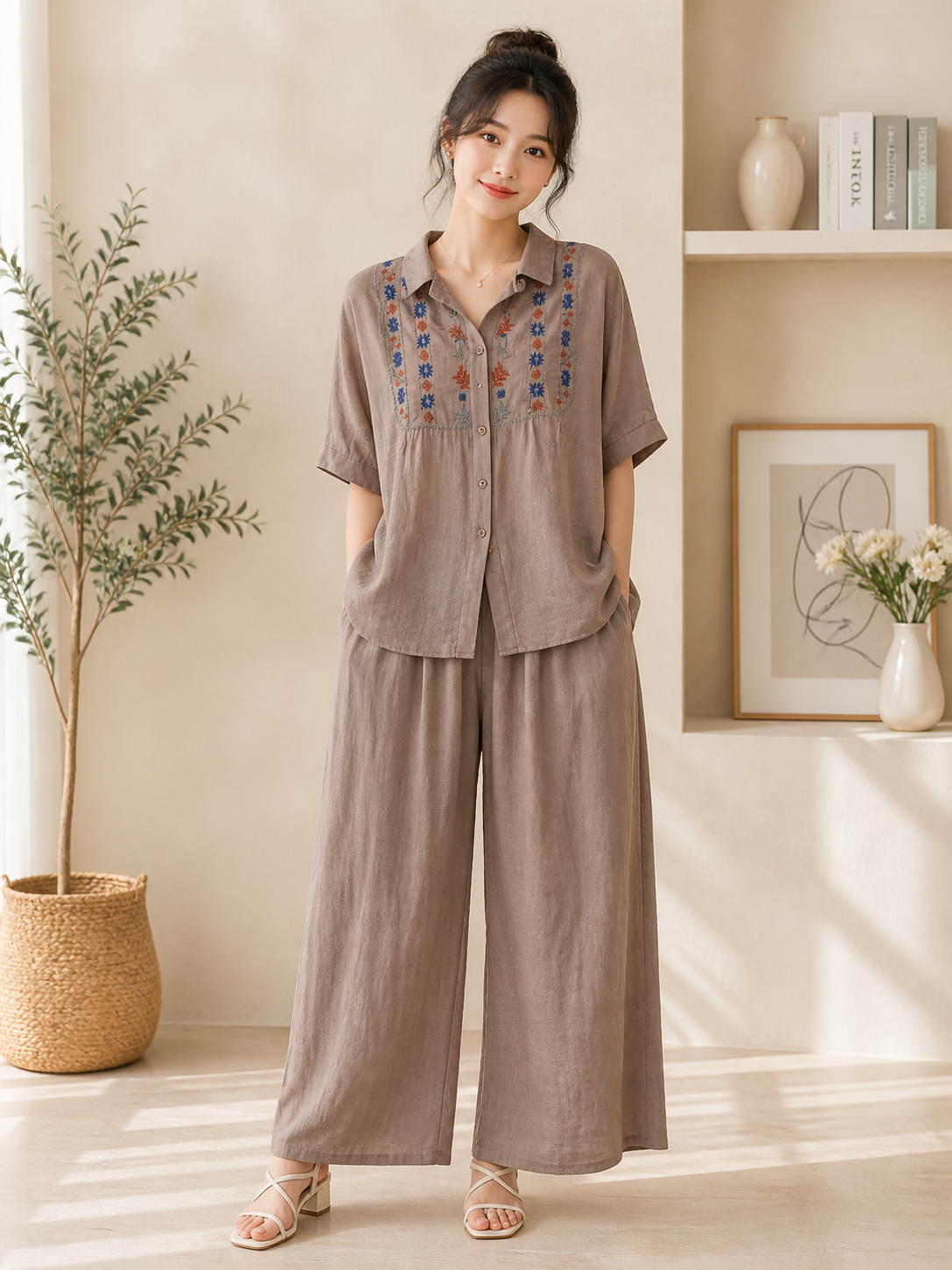 Women Cotton Co-Ord Set with Embroidery | Loose Fit Shirt & Palazzo | Wholesale Western Wear Mumbai