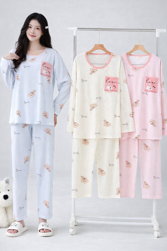 Korean Cartoon Full Sleeve Night Suit for Women Wholesale | Cotton Cute Sleepwear Set Supplier India | Ladies Nightwear Bulk