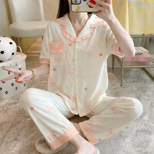 Korean Cute Printed Night Suit for Women Wholesale | Premium Cotton Sleepwear Set Supplier India | Ladies Nightwear Bulk