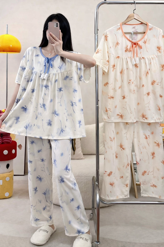 Korean Floral Loose Night Suit for Women Wholesale | Soft Cotton Lounge Sleepwear Supplier India | Ladies Nightwear Bulk