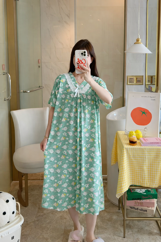 Korean Floral Night Dress for Women Wholesale | Cotton Summer Nighty Supplier India | Ladies Sleepwear Bulk