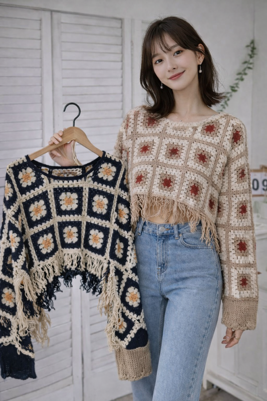 Korean Crochet Granny Square Sweater for Women Wholesale | Knit Crop Top Boho Winter Wear | Ladies Western Wear Supplier India