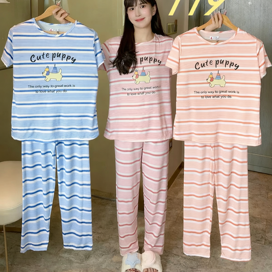 Korean Printed Night Suit Set for Women Wholesale | Cotton Striped Sleepwear Supplier India | Ladies Nightwear Bulk