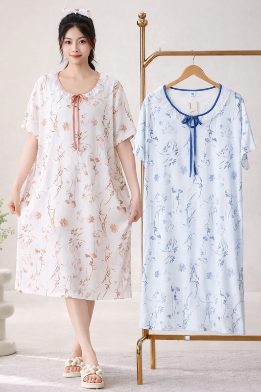 Korean Floral Lace Nighty for Women Wholesale | Premium Cotton Sleepwear Dress Supplier India | Ladies Nightwear Bulk