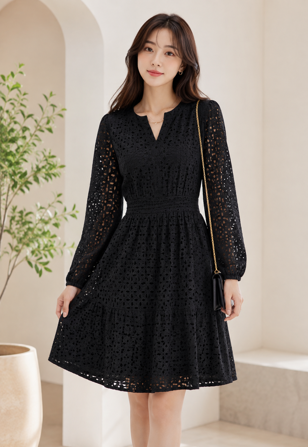 Elegant Broderie Lace Fit & Flare Dress - Luxury Korean Fashion Wholesaler