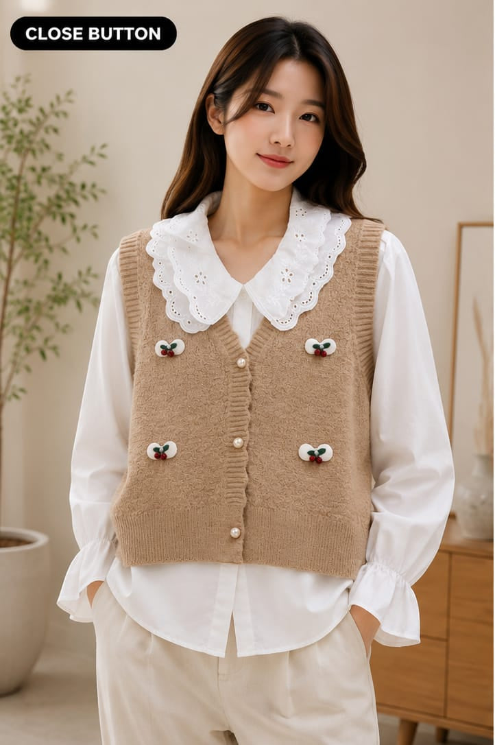 A side-by-side comparison showing a woman wearing a beige knit vest over a white blouse. The left panel is labeled 'CLOSE BUTTON' and shows the vest closed, while the right panel is labeled 'OPEN BUTTON' and shows the vest open with decorative pearl-like buttons.