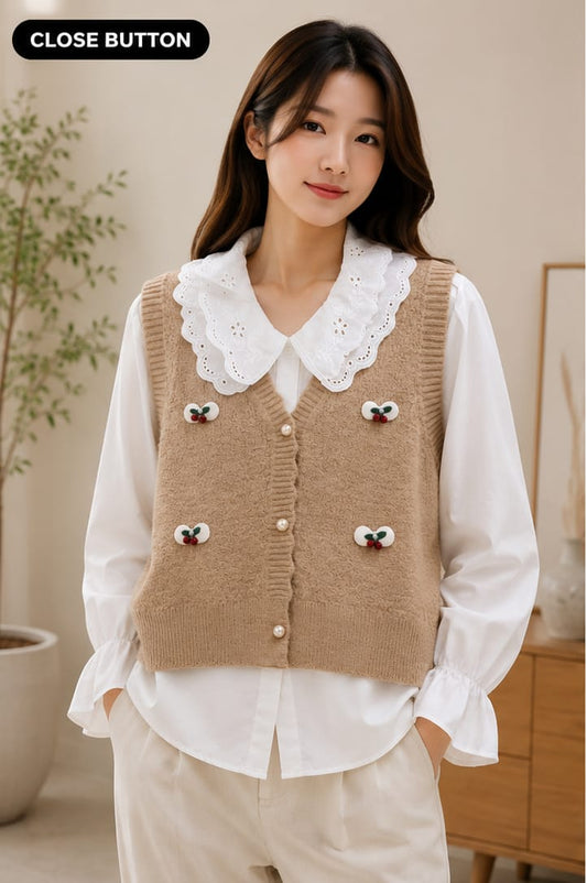 A side-by-side comparison showing a woman wearing a beige knit vest over a white blouse. The left panel is labeled 'CLOSE BUTTON' and shows the vest closed, while the right panel is labeled 'OPEN BUTTON' and shows the vest open with decorative pearl-like buttons.
