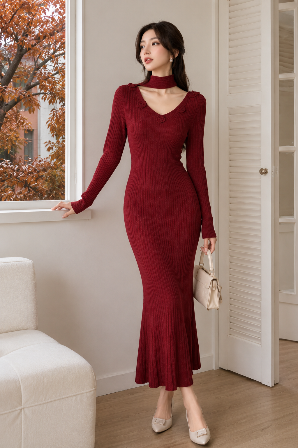 Elegant Choker Neck Rib Knit Maxi Dress - Luxury Korean Fashion Wholesaler