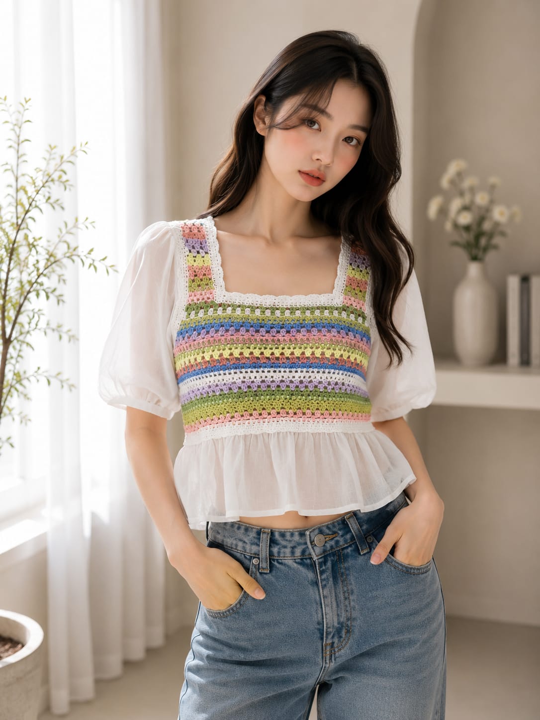 Elegant Floral Crochet Granny Square Short-Sleeve Top - Luxury Korean Fashion Wholesaler