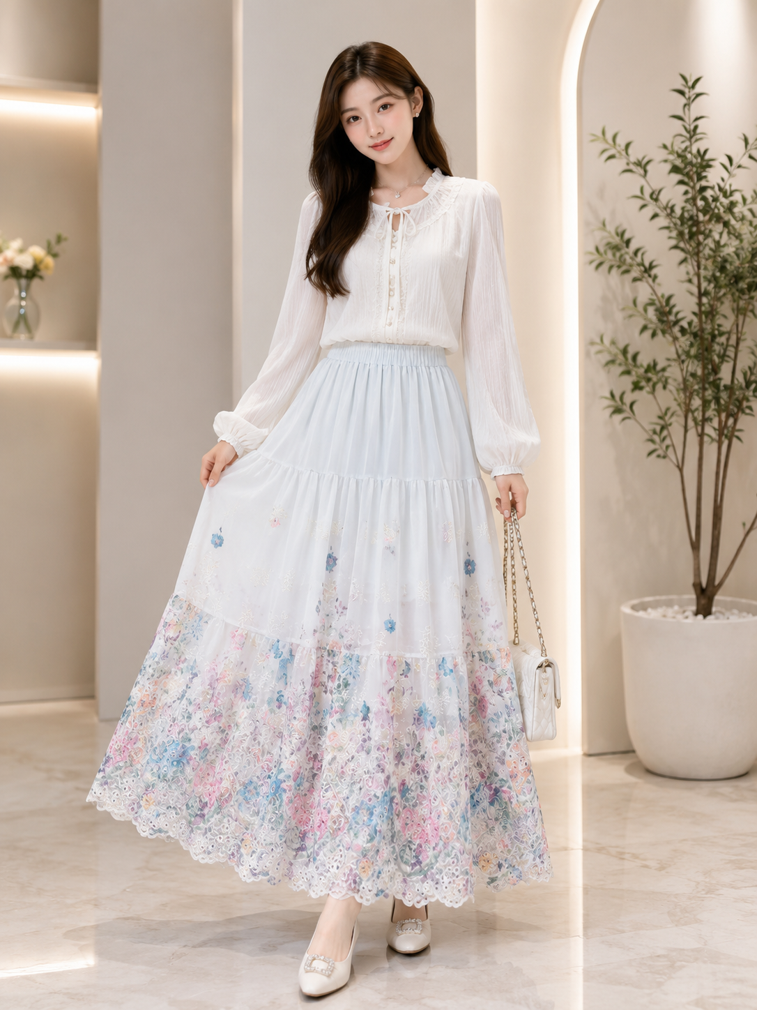 A woman models a two-piece outfit consisting of a white long-sleeve blouse and a tiered white maxi skirt with a pastel blue, pink, and yellow floral print at the hem, set in a bright, modern indoor environment.