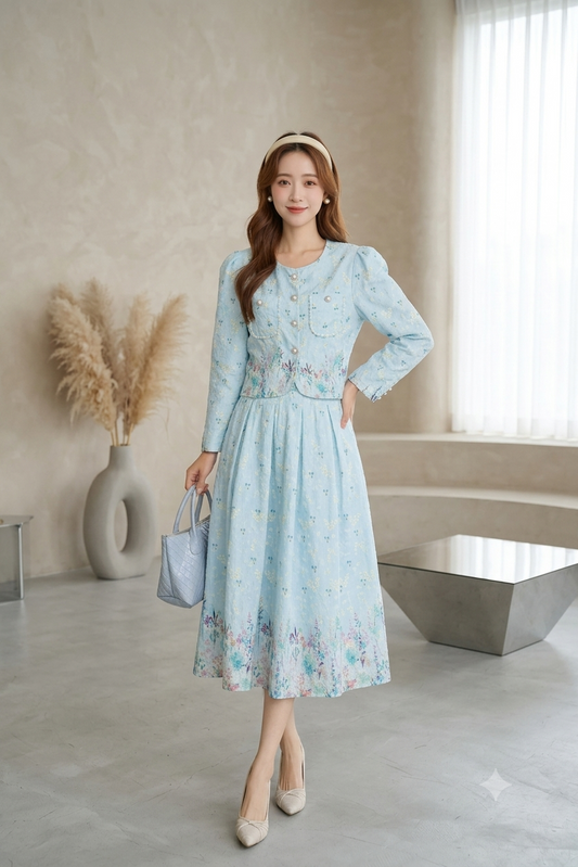 Elegant Floral Tweed Skirt Co-ord Set - Luxury Korean Fashion Wholesaler