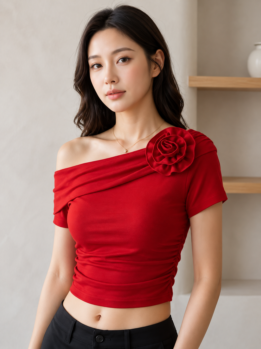 Elegant One Shoulder Rose Top - Luxury Korean Fashion Wholesaler