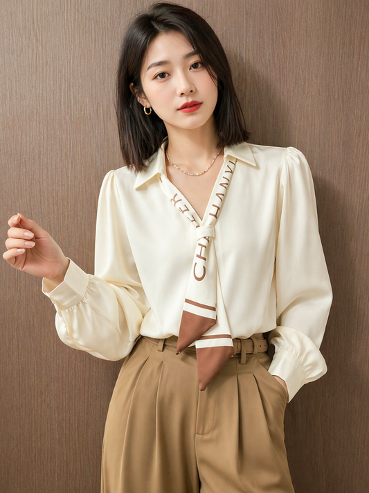 Women Cream Tie Neck Blouse | Wholesale Western Wear Mumbai