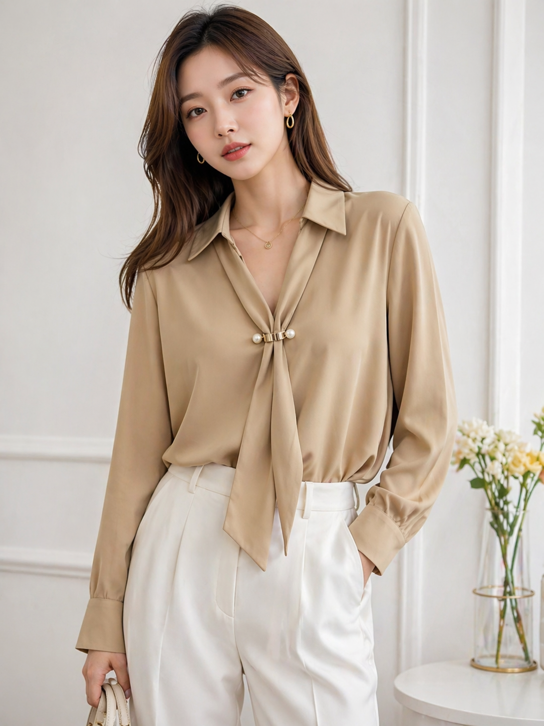 Women Beige Satin Tie Neck Blouse with Pearl Detail Wholesale India - Zadine Fashion