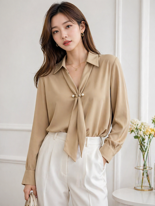 Women Beige Satin Tie Neck Blouse with Pearl Detail | Wholesale Western Wear Mumbai