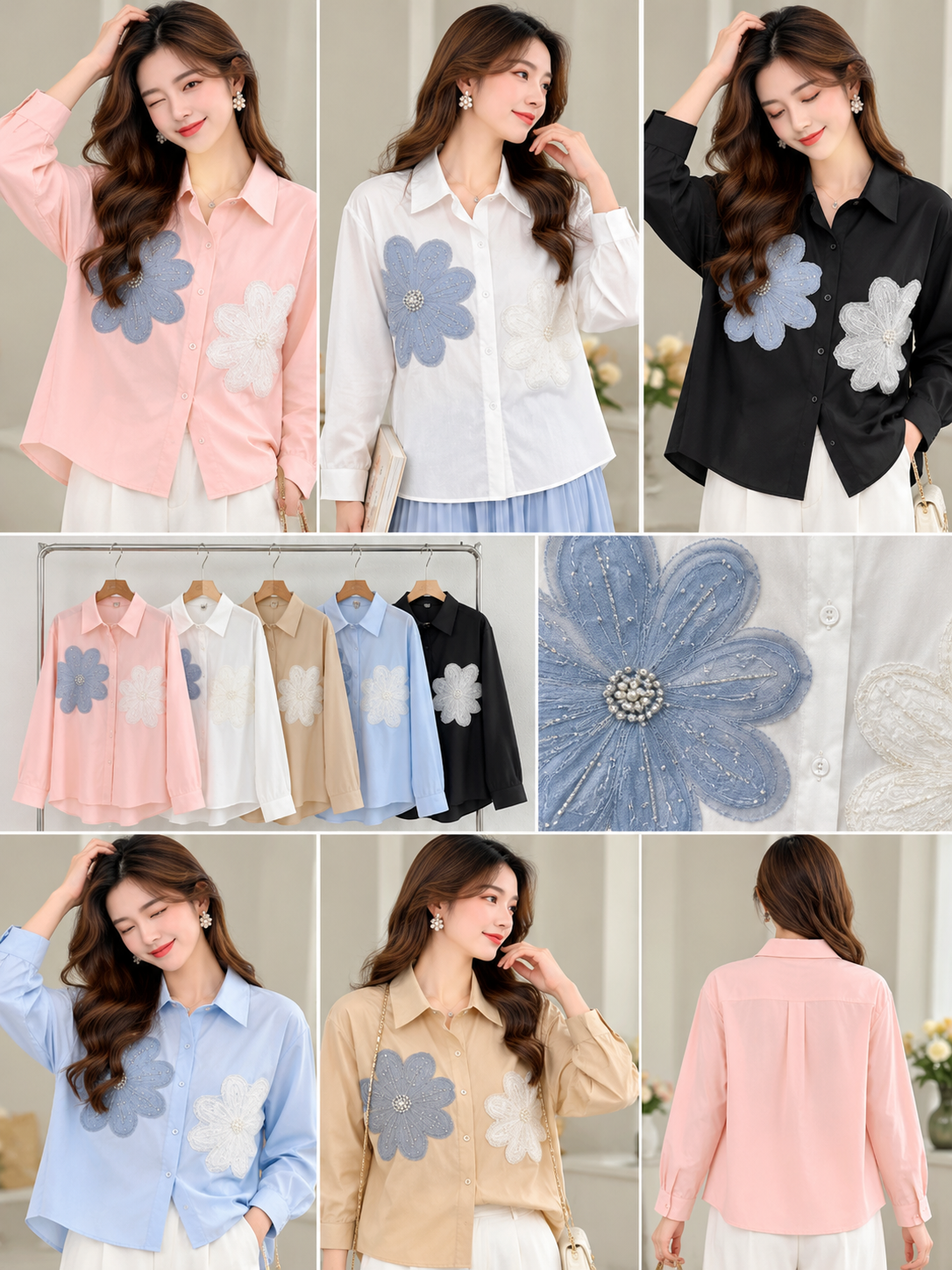Pink White Beige Blue Black 3D Flower Applique Shirt wholesale front and colours