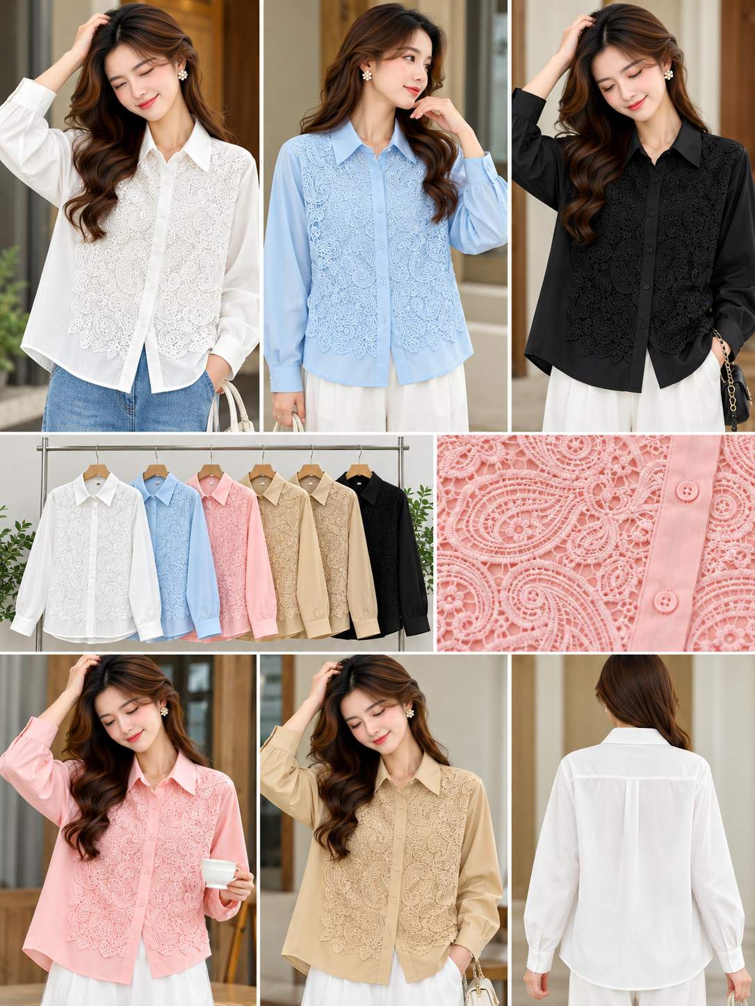 White Blue Pink Beige Black Floral Lace Panel Shirt wholesale front and colours