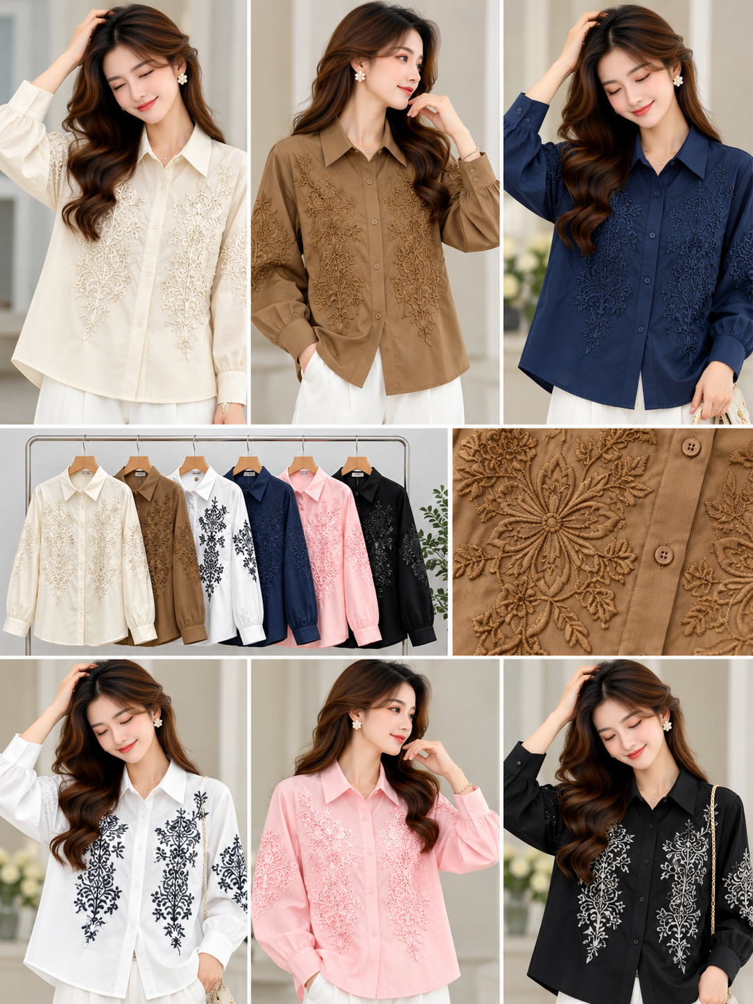 Cream Brown Navy Pink Black Floral Embroidered Shirt wholesale front and colours