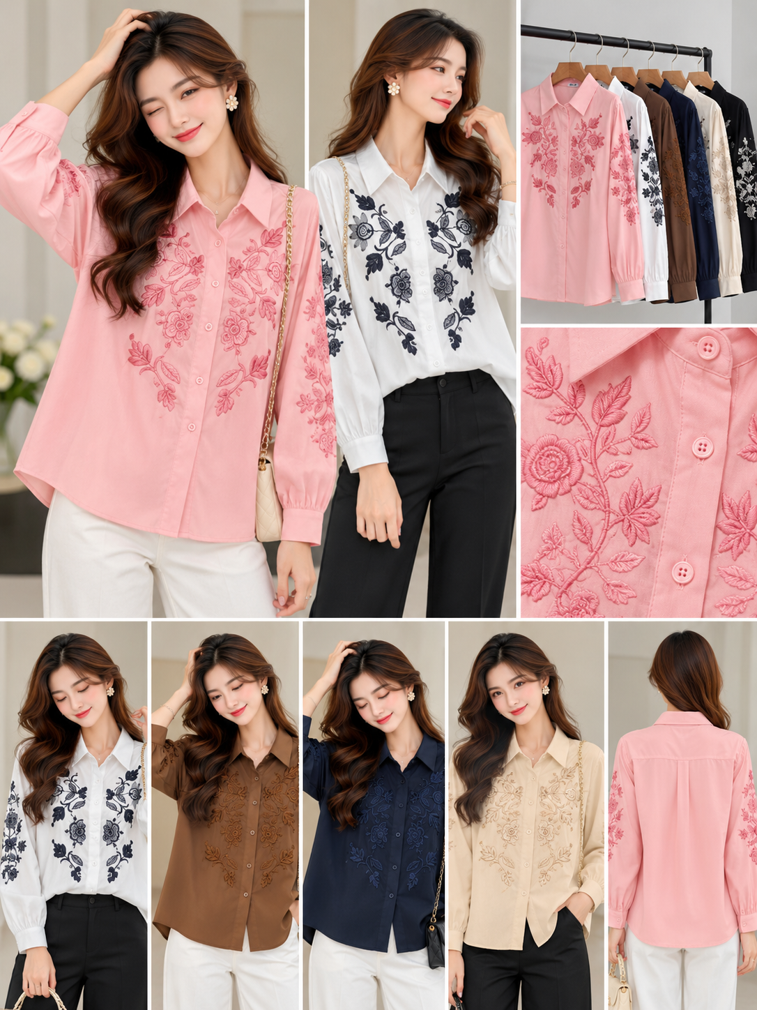 Pink White Blue Beige Black Floral Embroidered Shirt wholesale front and colours