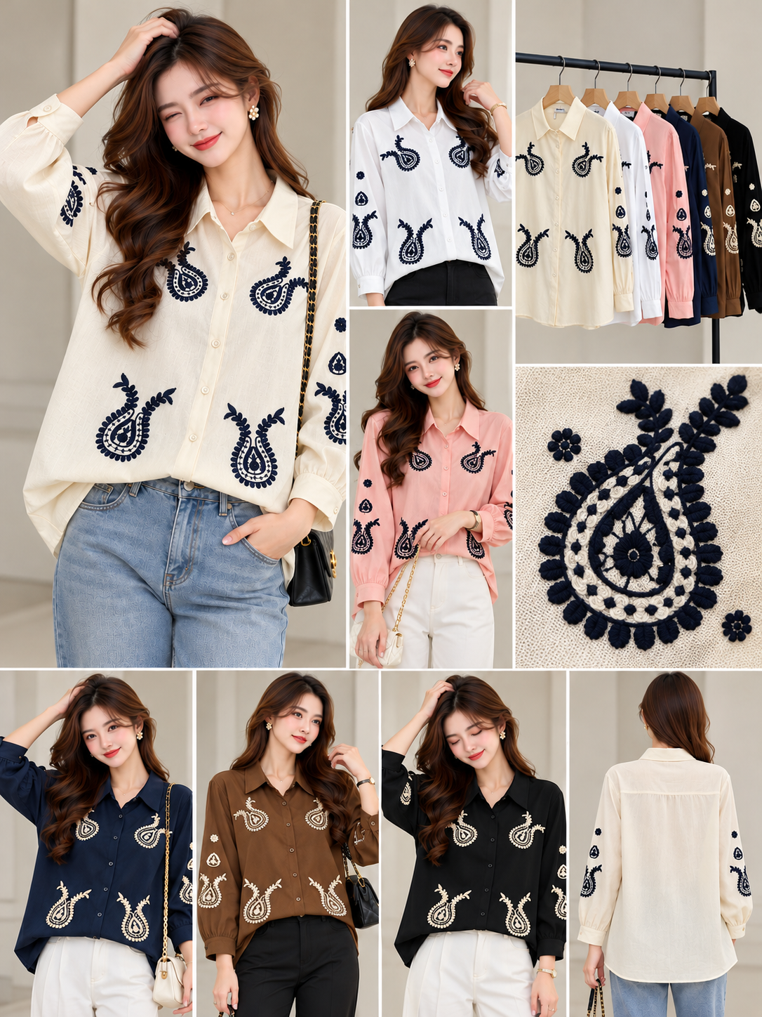 Cream White Pink Navy Brown Black Paisley Embroidered Shirt wholesale front and colours