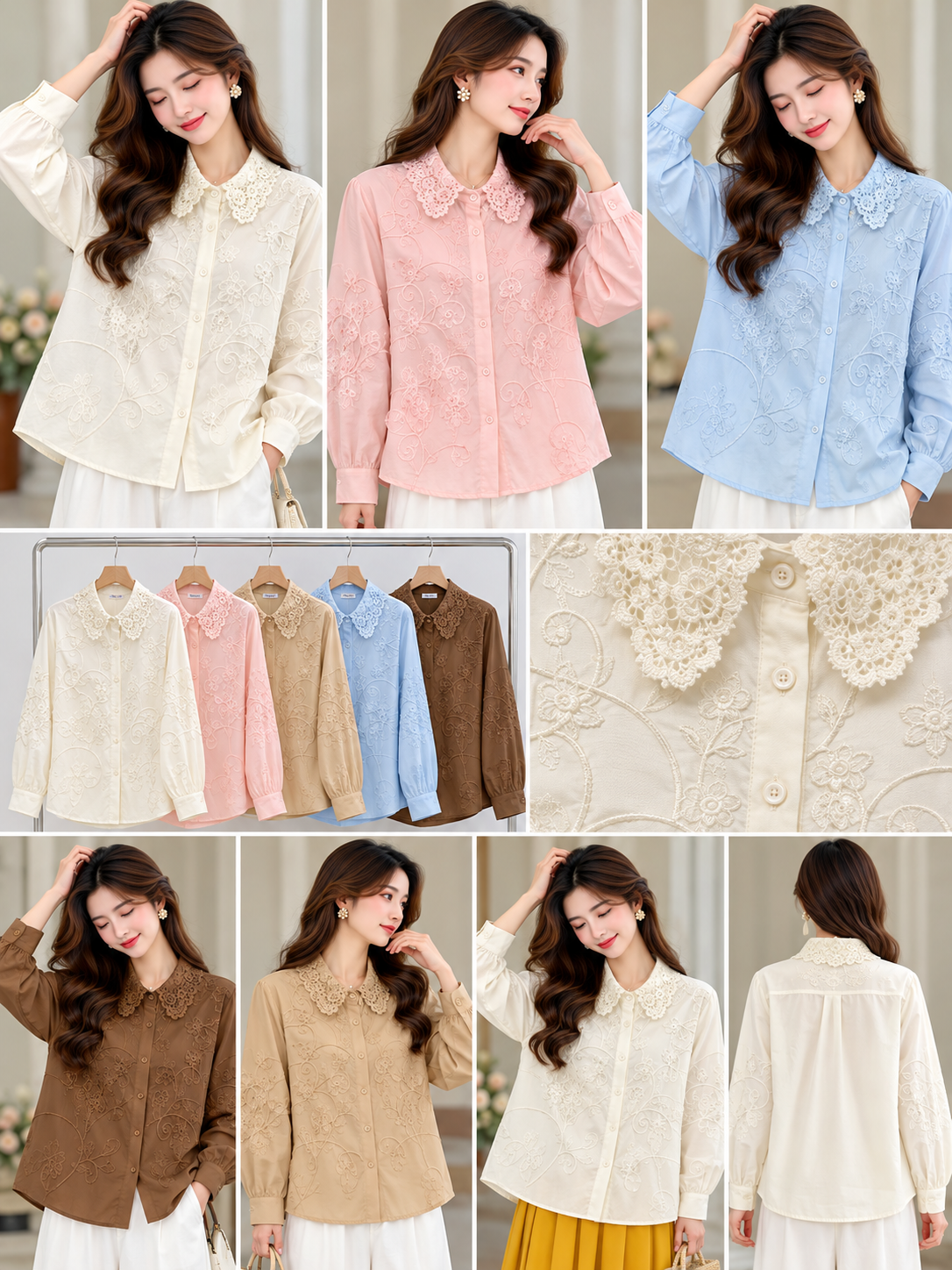 Ivory Pink Beige Blue Brown Floral Embroidered Lace Collar Shirt wholesale front and colours
