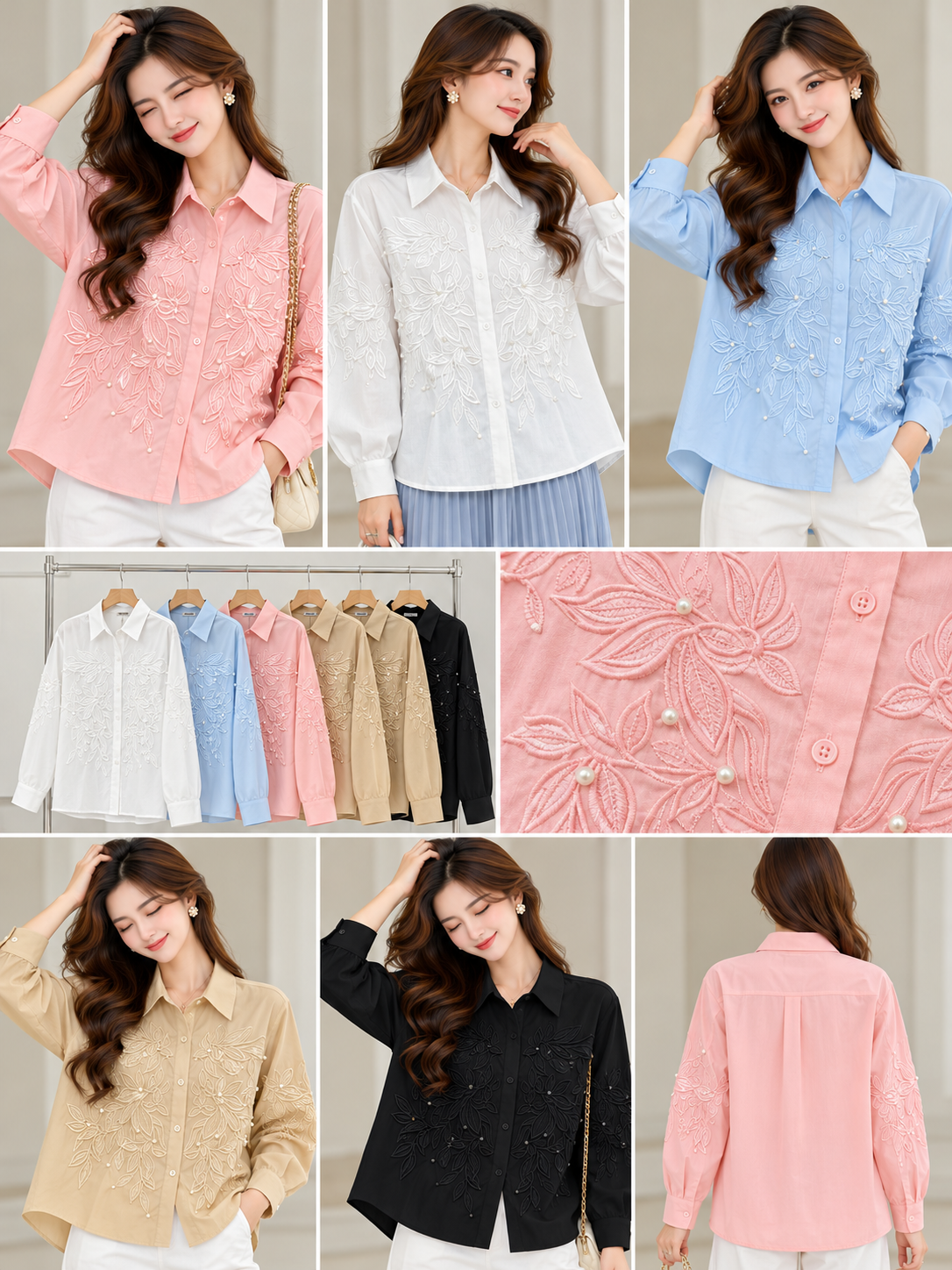 White Brown Navy Pink Black Floral Embroidered Shirt wholesale front and colours