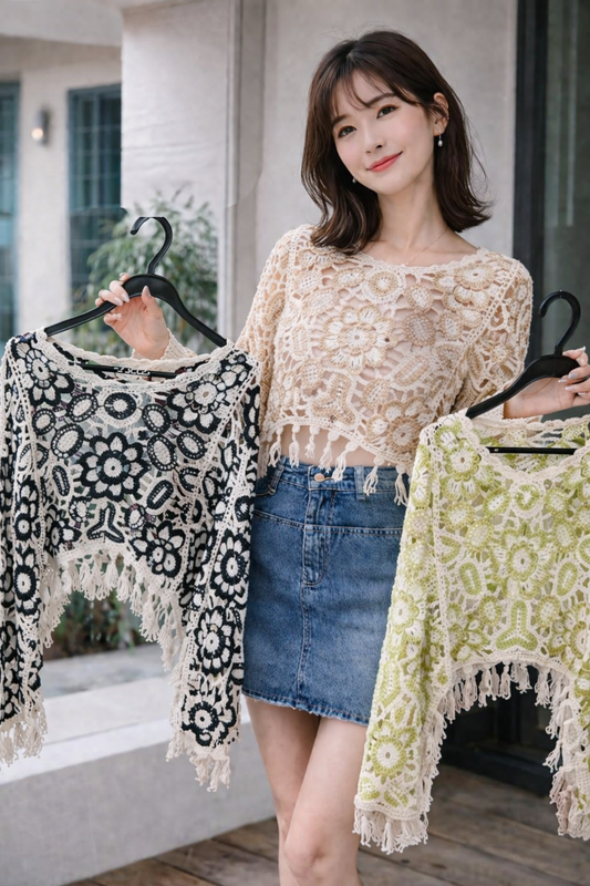 Premium Korean Crochet Pearl Sweater for Women Wholesale | Designer Knit Crop Top Boho Luxury Western Wear Supplier India