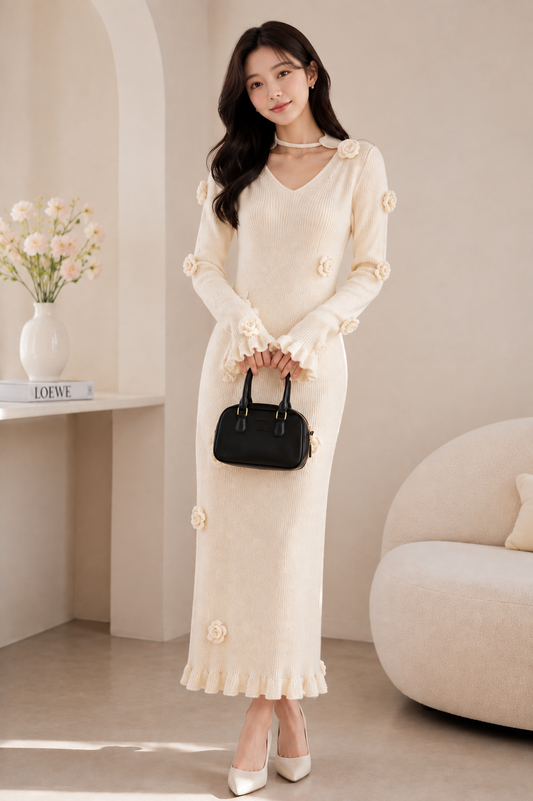 Floral Appliqué Knit Maxi Dress - Korean Wholesale Supplier India