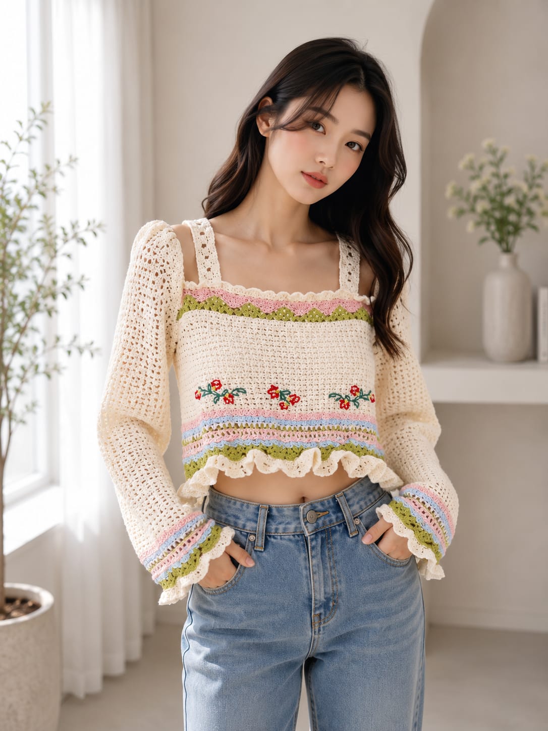 Floral Crochet Granny Square Short-Sleeve  - Korean Imported Clothing in India