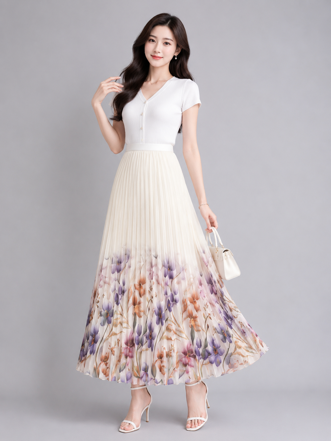 A woman modeling a white short-sleeve maxi dress with a pleated skirt that features a purple, pink, and orange floral gradient near the hem, paired with white high-heeled sandals and a small white handbag, against a solid gray studio background.