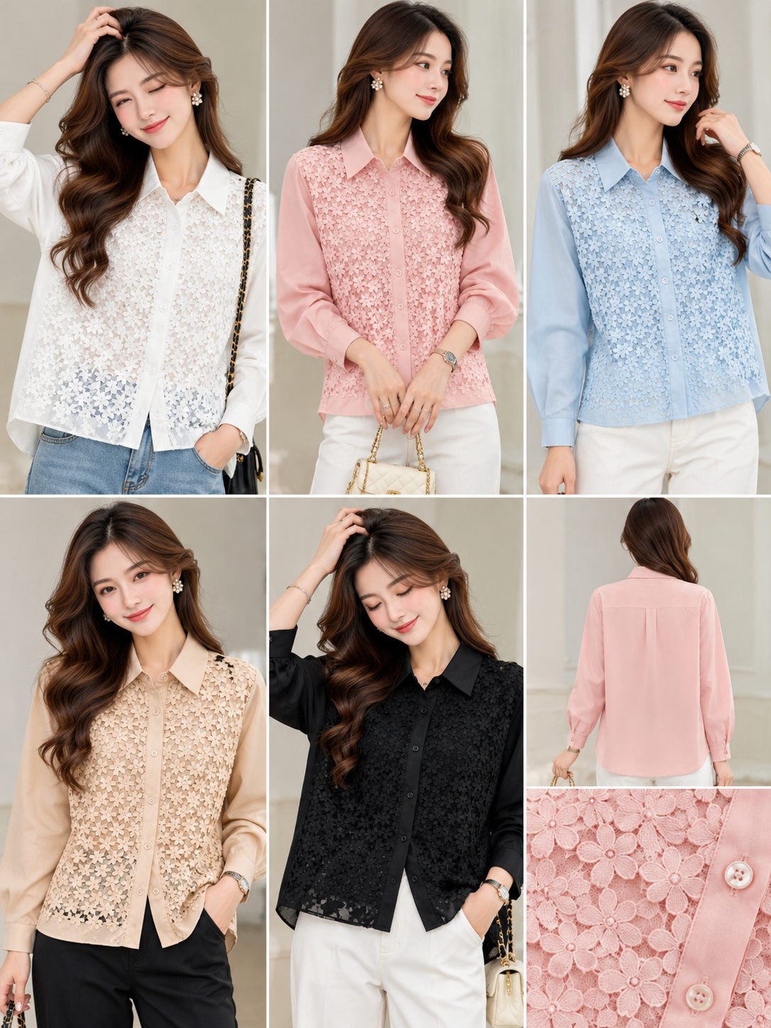 White Pink Blue Beige Black Floral Cutwork Shirt wholesale front and colours