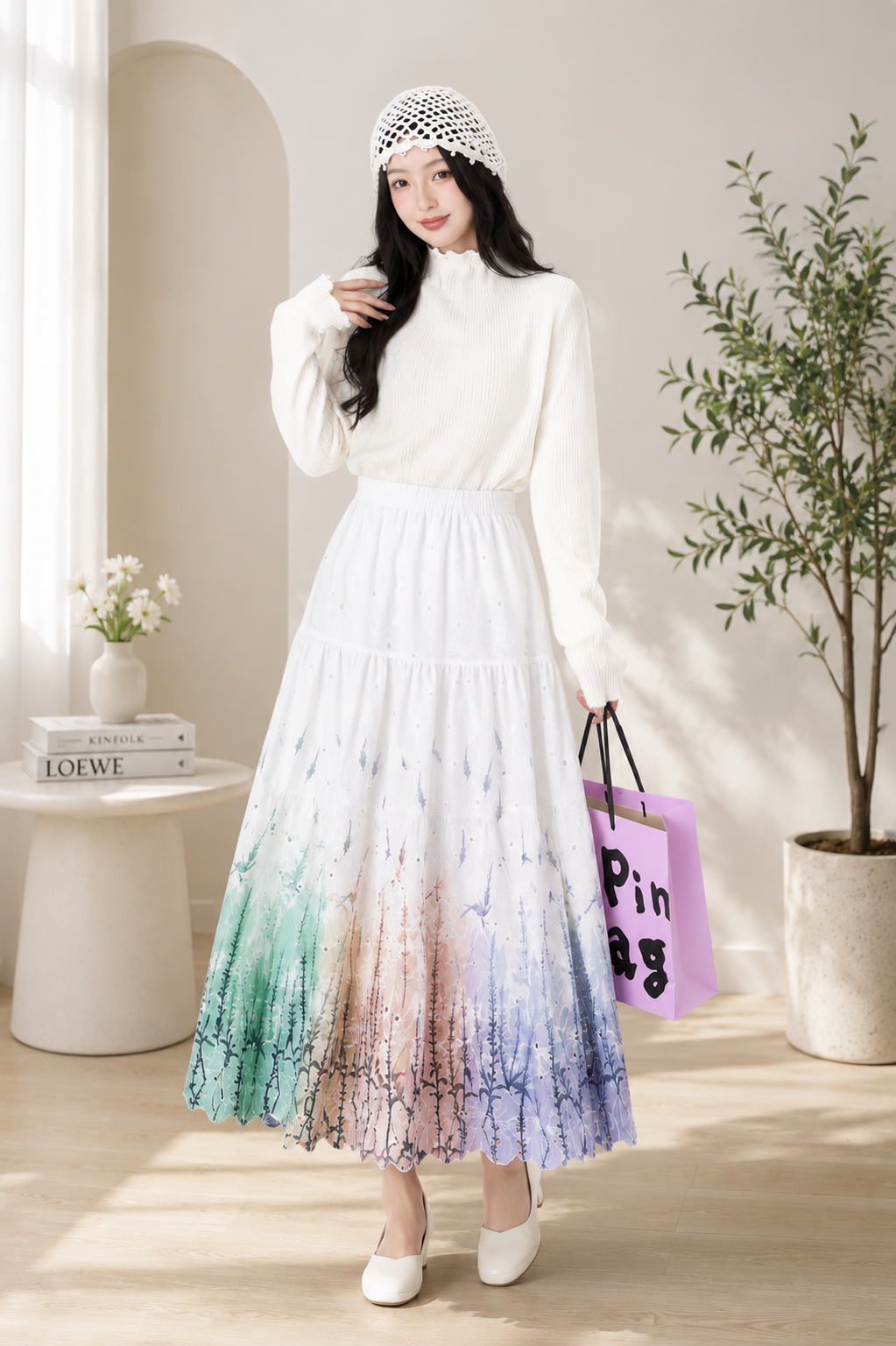 A woman stands indoors modeling a long white mock-neck top and a tiered midi skirt with a pastel rainbow gradient and tree-like print. She wears a white knit beanie and white pointed shoes, and holds a purple shopping bag in a bright, sunlit room with plants and arched wall details.