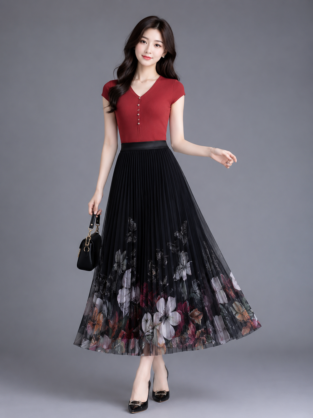 Floral Printed Mesh Pleated Maxi Skirt - Korean Wholesale Supplier India