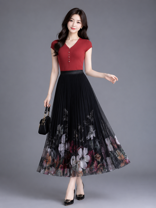 Floral Printed Mesh Pleated Maxi Skirt - Korean Wholesale Supplier India