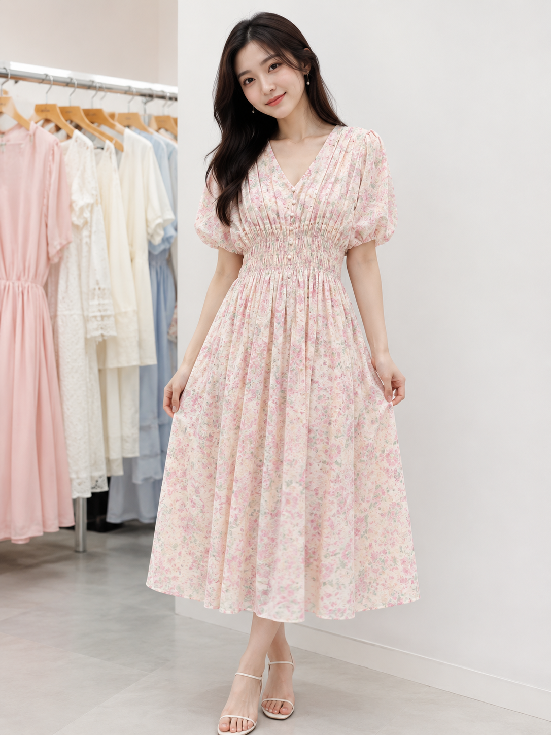 Floral Printed Smocked Midi Dress - Bulk Apparel Supplier India